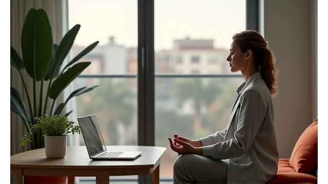 Joven ejecutiva meditando tranquilamente en su moderno apartamento de Madrid, con un ordenador portátil y una planta verde cerca, simbolizando el equilibrio entre trabajo y vida personal digital.