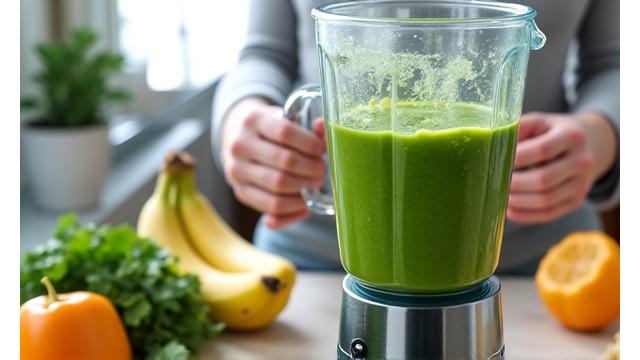 Persona preparando un batido verde saludable, con ingredientes frescos como espinacas, plátano y jengibre, sobre una encimera de cocina limpia y luminosa.