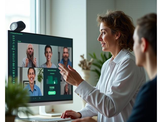 Un experto en bienestar digital dialogando con un grupo de usuarios en una videoconferencia, con gráficos de datos en pantalla, simbolizando discusiones moderadas y basadas en evidencia.