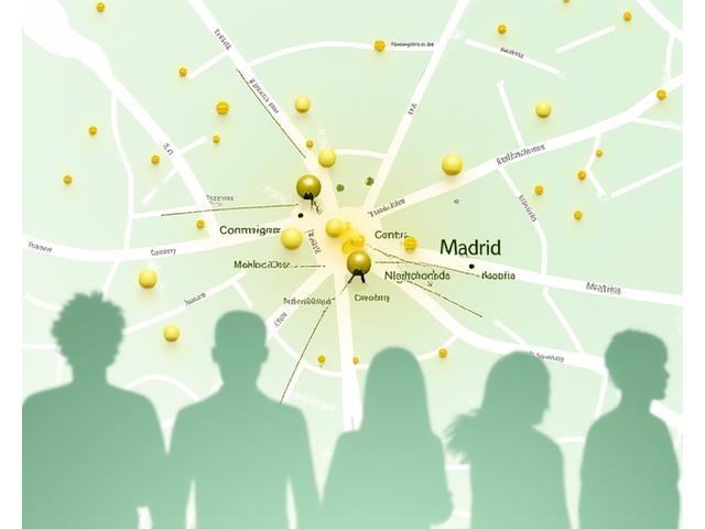 Un mapa estilizado de Madrid con puntos de actividad y grupos comunitarios destacados, conectando a personas en diferentes barrios.