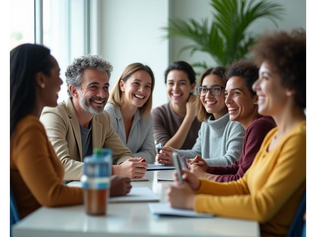 Grupo diverso de adultos sonriendo y conversando animadamente en un entorno digital moderno, simbolizando una comunidad de bienestar activa.