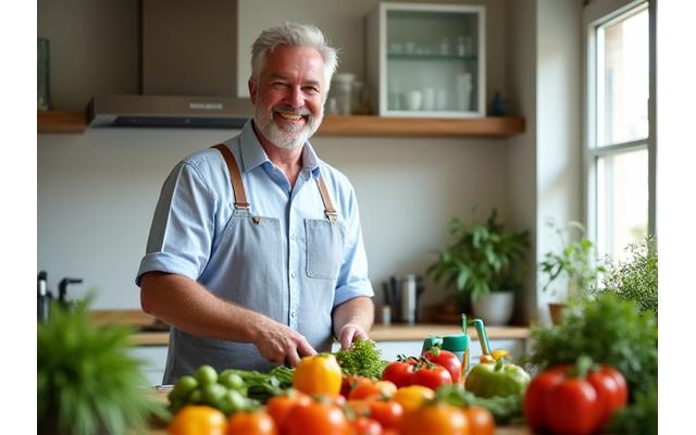 Hombre sonriente de 50 años preparando una comida saludable en una cocina moderna