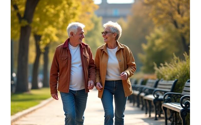 Pareja mayor sonriente y energizada caminando por un parque en Madrid un día soleado