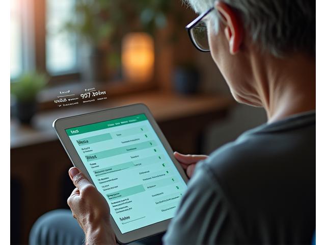 Persona adulta activa completando un cuestionario digital sobre estilo de vida en una tableta, con gráficos que muestran progreso y diferentes categorías como trabajo, sueño y alimentación.