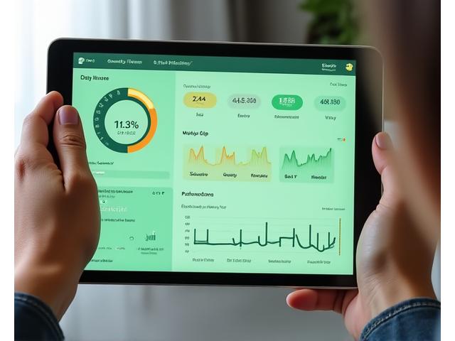 Dashboard de seguimiento de progreso personalizado en una tablet, mostrando gráficos de actividad física, nutrición y sueño, con indicadores de éxito y sugerencias de ajuste. Predominan colores verdes y naranjas.
