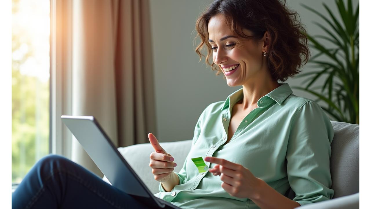Mujer sonriendo mientras interactúa con una interfaz de aplicación de bienestar personalizada en una tableta, con gráficos de progreso y recomendaciones en pantalla.
