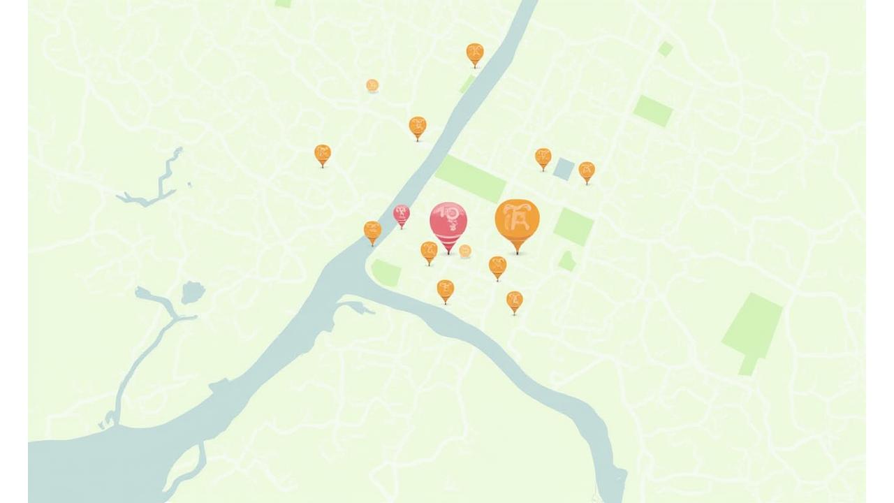 Mapa estilizado de Madrid con puntos de interés y actividades wellness resaltadas, como parques y centros deportivos, con iconos que representan recomendaciones locales personalizadas.