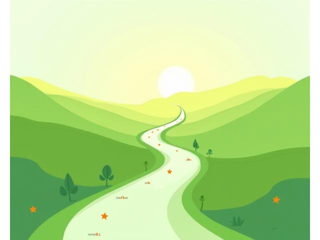 Ilustración de un camino gradual hacia el bienestar con hitos y pequeñas acciones representadas por iconos, reflejando progreso constante y sostenible.