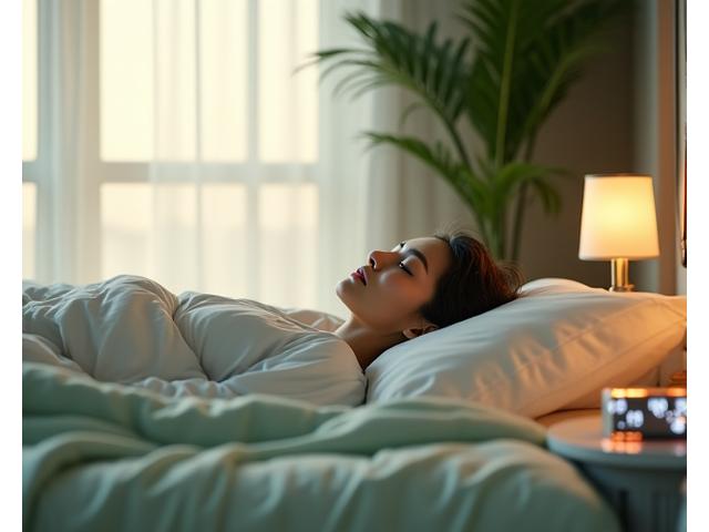 Persona adulta descansando pacíficamente para representar un sueño de calidad, con un reloj suavemente iluminado en el fondo.