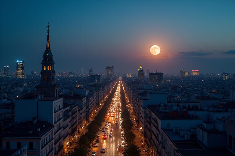 Cielo nocturno de Madrid con luces urbanas y una luna prominente, simbolizando los desafíos de sueño en un entorno urbano.