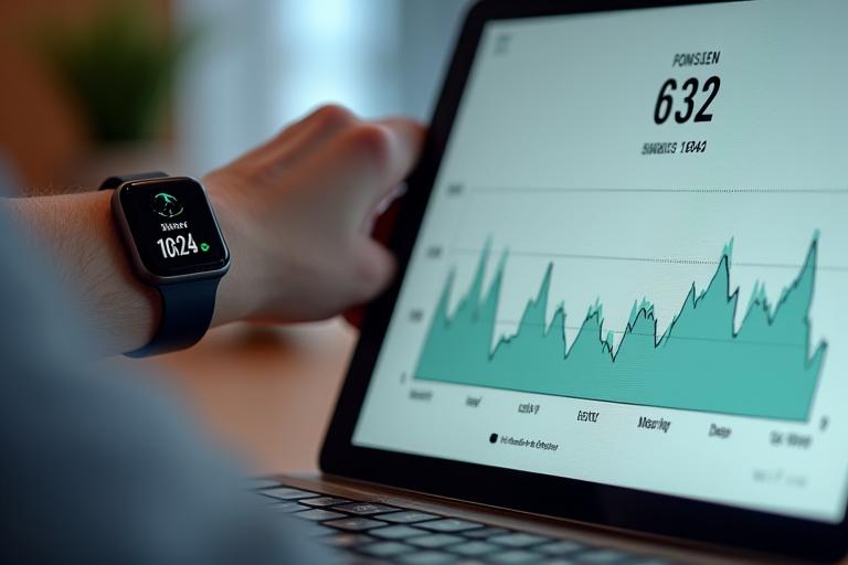 Gráfico de análisis de sueño mostrando fases REM, ligero y profundo, con una persona adulta en el fondo consultando un dispositivo de seguimiento.