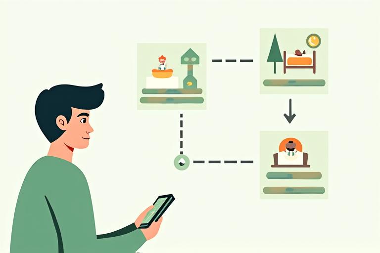 Diagrama de flujo visual que representa la resolución de problemas de sueño, con flechas que conectan diferentes síntomas a sus posibles soluciones, enfocado en una persona adulta preocupada.