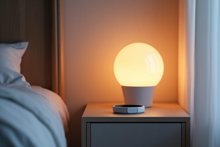 Varios dispositivos de tecnología inteligente para el sueño, como un anillo de seguimiento de sueño, bombillas inteligentes y un sensor de colchón, sobre una mesa de noche moderna.