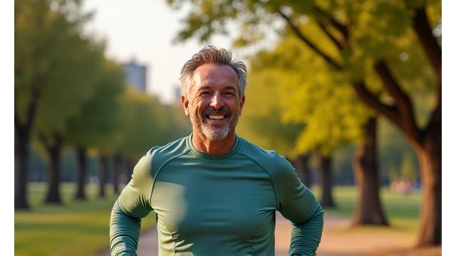 Foto de un hombre sonriendo y haciendo ejercicio al aire libre, representando optimismo tras la pérdida de peso