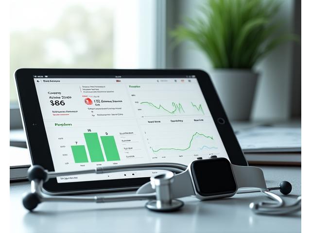 Dashboard digital de salud con gráficos de biomarcadores (glucosa, presión arterial) en un tablet, con un smartwatch y un estetoscopio al lado.