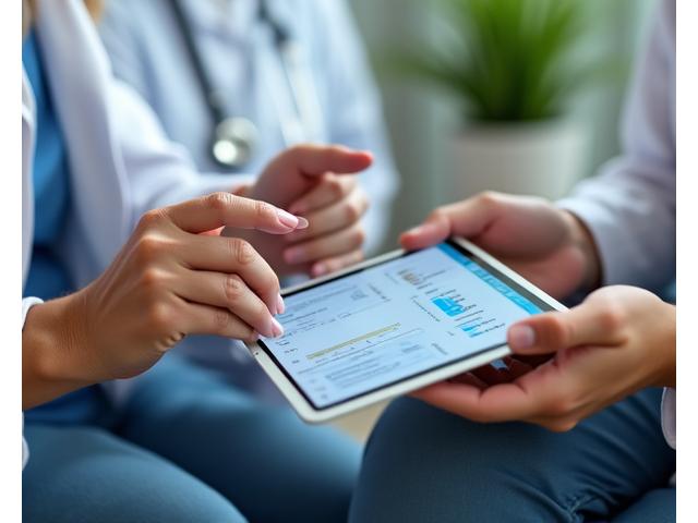 Manos de médico y paciente interactuando con una tablet que muestra datos de salud, simbolizando colaboración y atención integrada.