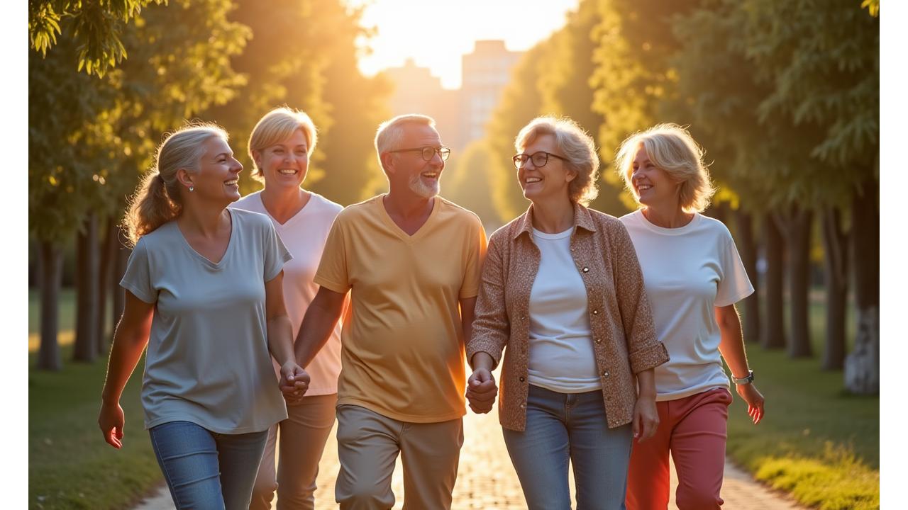 Grupo diverso de adultos felices y saludables, de distintas edades, caminando y riendo en un parque bajo el sol, simbolizando éxito en el bienestar.