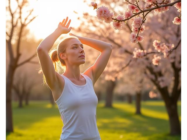 Mujer activa haciendo yoga al aire libre en un parque de Madrid durante la primavera, con suplementos detox cercanos y un sol brillante.