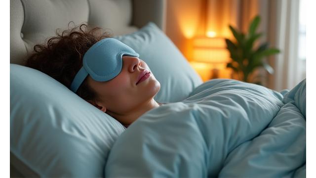 Persona durmiendo plácidamente en una cama bien preparada, con una almohada ergonómica y un antifaz de seda, en un dormitorio tranquilo de tonalidades suaves.