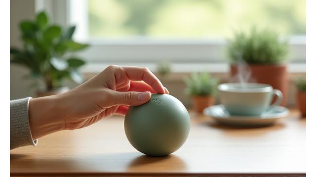 Mano sosteniendo una esfera antiestrés sobre un escritorio ordenado con elementos naturales como una planta pequeña y una taza de té, transmitiendo calma.