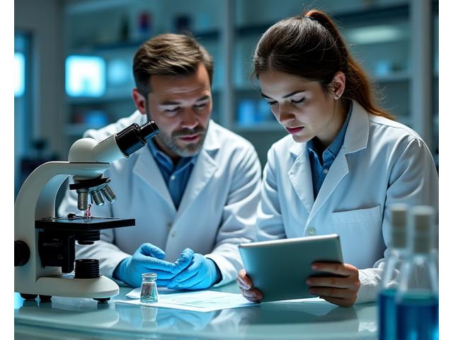 Expertos en laboratorio examinando productos de bienestar con microscopios y equipamiento moderno, sugiriendo un análisis riguroso y científico.