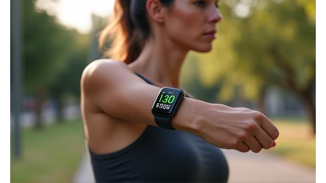 Primer plano de un wearable de salud en la muñeca de una mujer activa, mostrando datos de frecuencia cardíaca en una interfaz futurista y limpia.