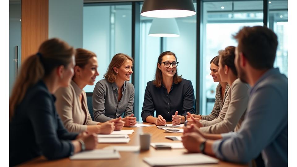 Equipo de profesionales en una oficina moderna, participando activamente en un taller de bienestar corporativo con un formador al frente.
