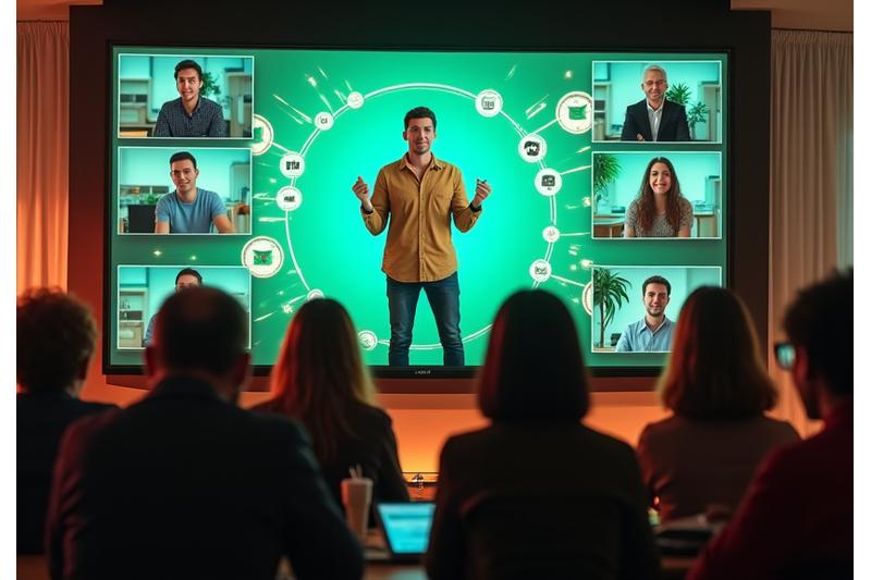 Representación visual de un taller interactivo online, mostrando a varias personas participando en videoconferencia con elementos gráficos flotantes indicando interacción y aprendizaje.