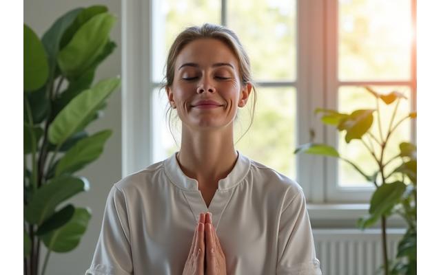 Mujer practicando mindfulness con ojos cerrados y una suave sonrisa en un espacio minimalista