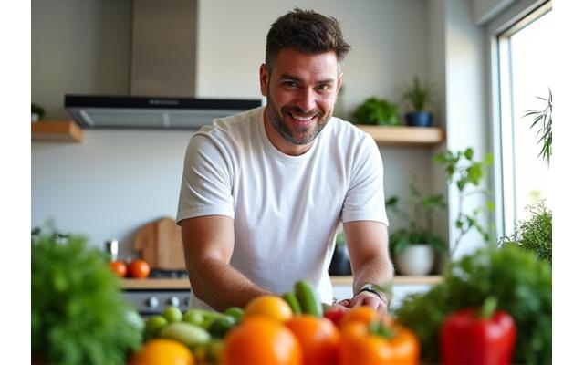 Hombre preparando una comida saludable en una cocina moderna con ingredientes frescos